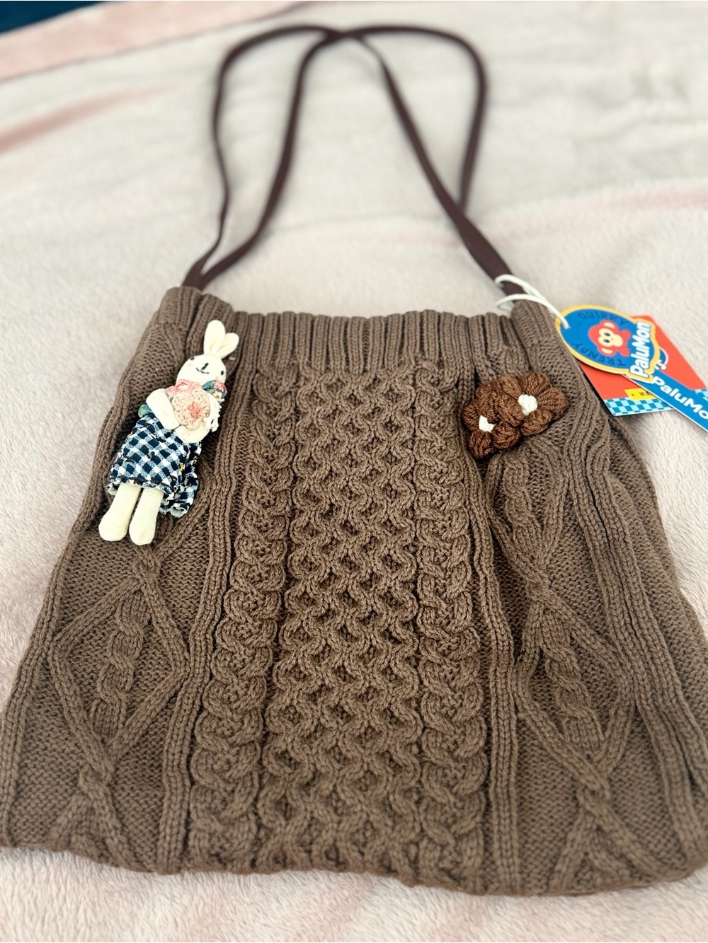 Brown Knit Crossbody Bag with Bunny Accent